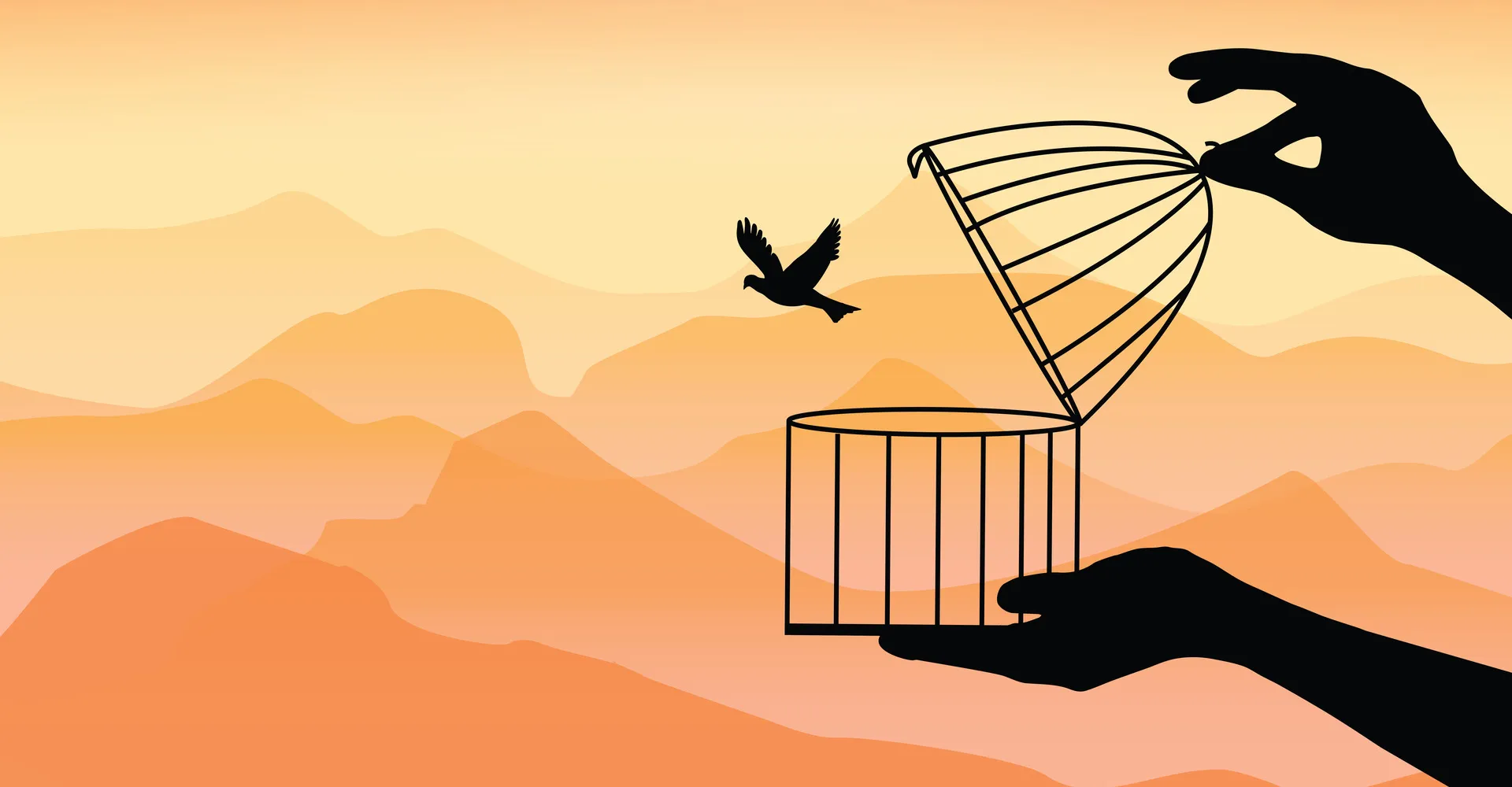 Illustration d’un oiseau quittant une cage dans un paysage aux tons orangés