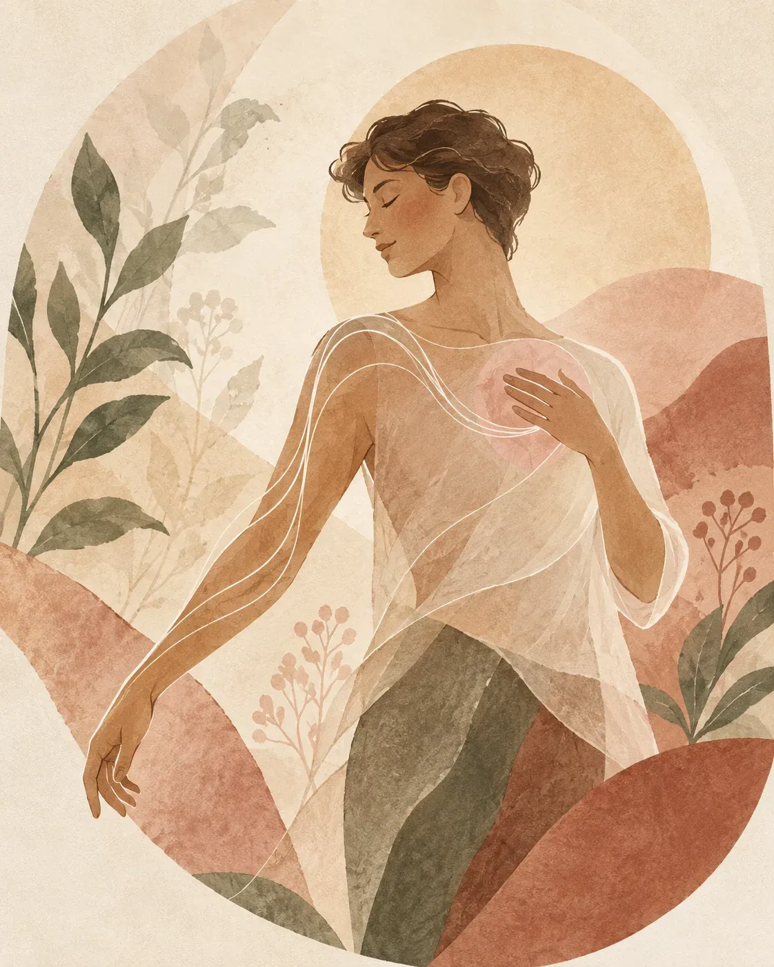 Illustration d’une femme en mouvement entourée de formes végétales dans des tons terracotta et sauge
