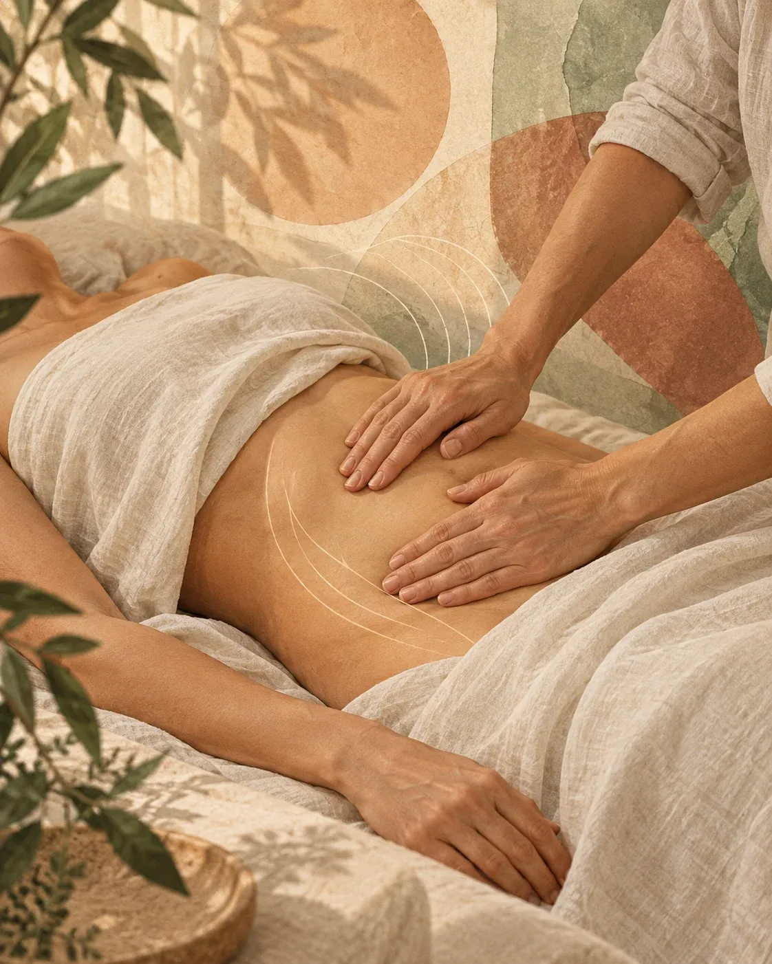 Mains réalisant un massage abdominal dans une ambiance douce aux tons beige, terracotta et sauge