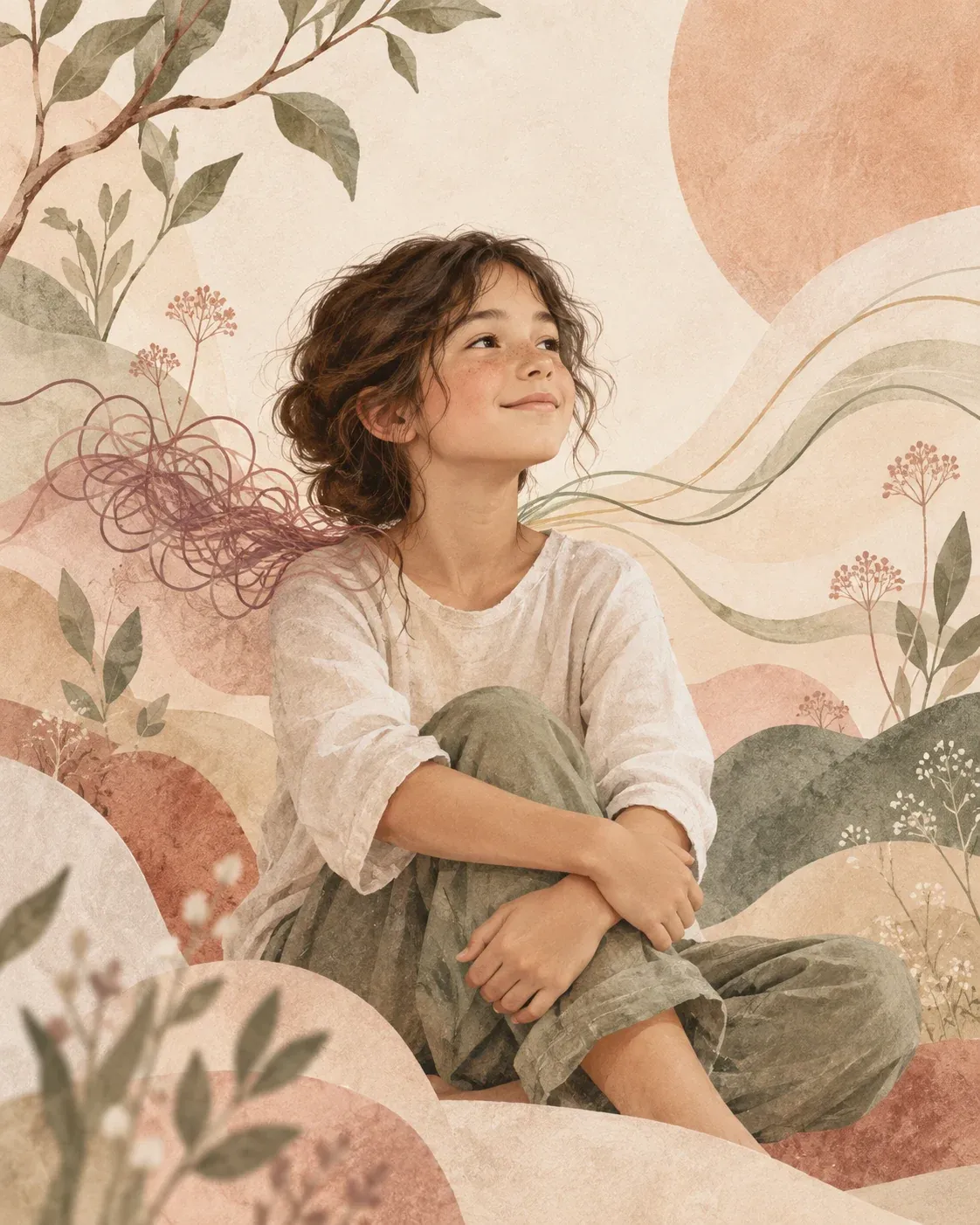Illustration d’une jeune personne apaisée, entourée de formes végétales et de lignes passant d’un entrelacs à un mouvement fluide